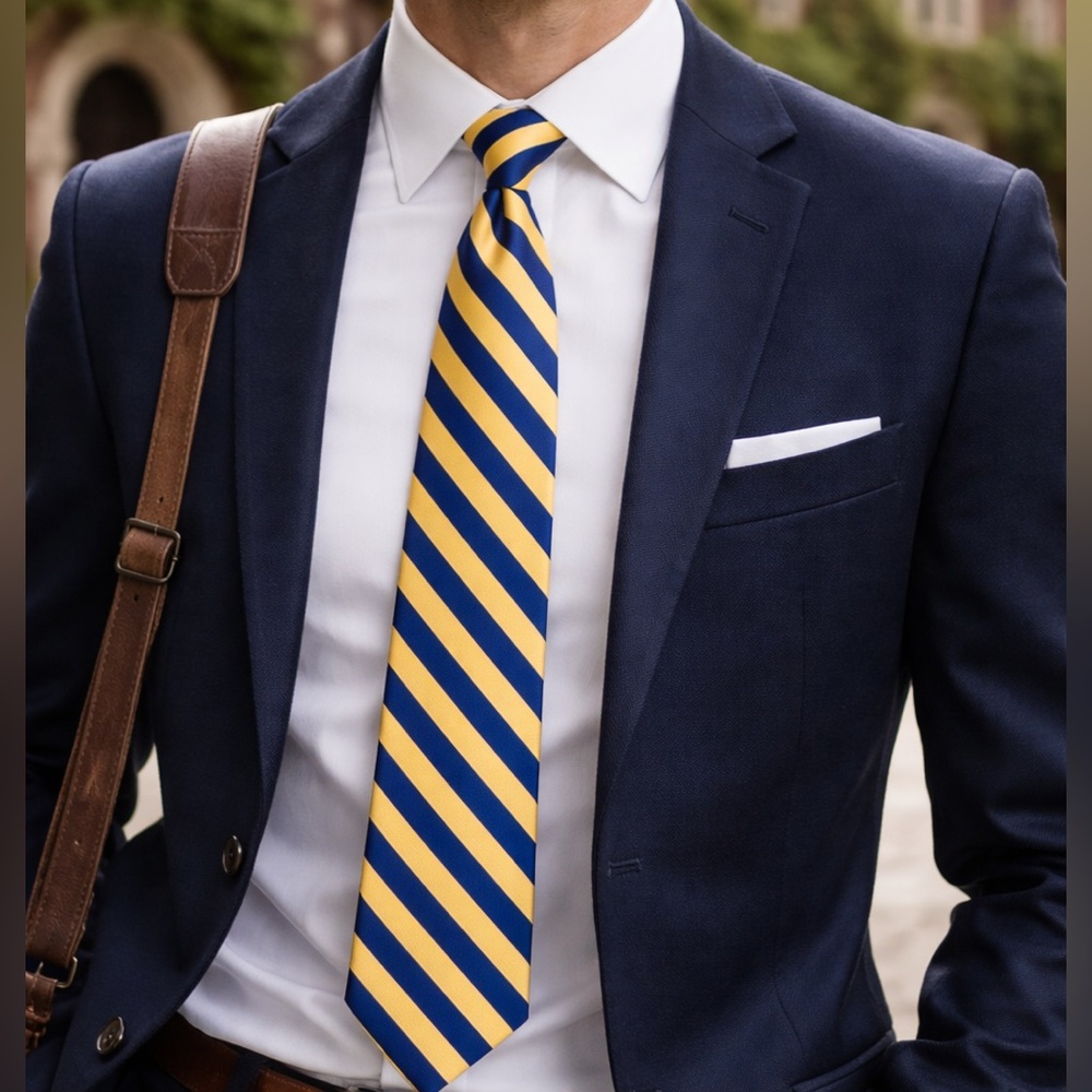 Handmade 100% Silk Mystic Clothing Co. Navy and Gold Striped Tie